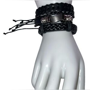 Set 3 Bracelets Faux Leather Adjustable Knot Braided Black Silvertone Unisex NEW